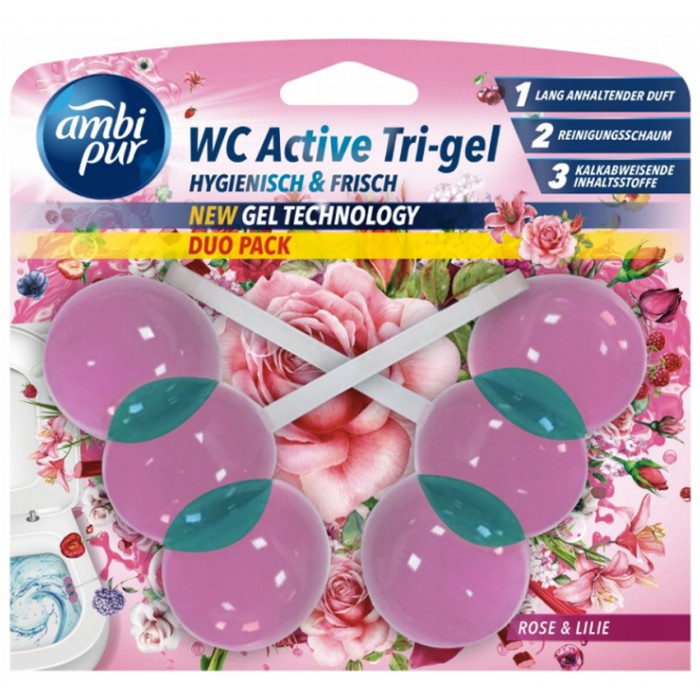 Гелевый подвесной блок для туалета Ambi Pur WC Active Tri-gel Роза и лилия, 2х45 г - 